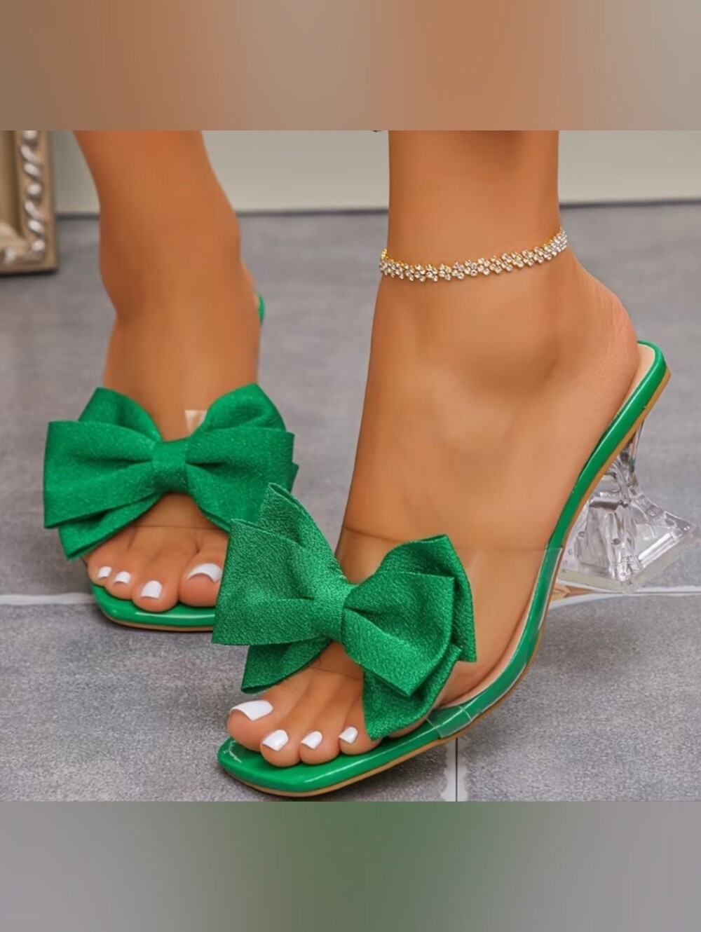 Green Bow Slide Sandals for Women